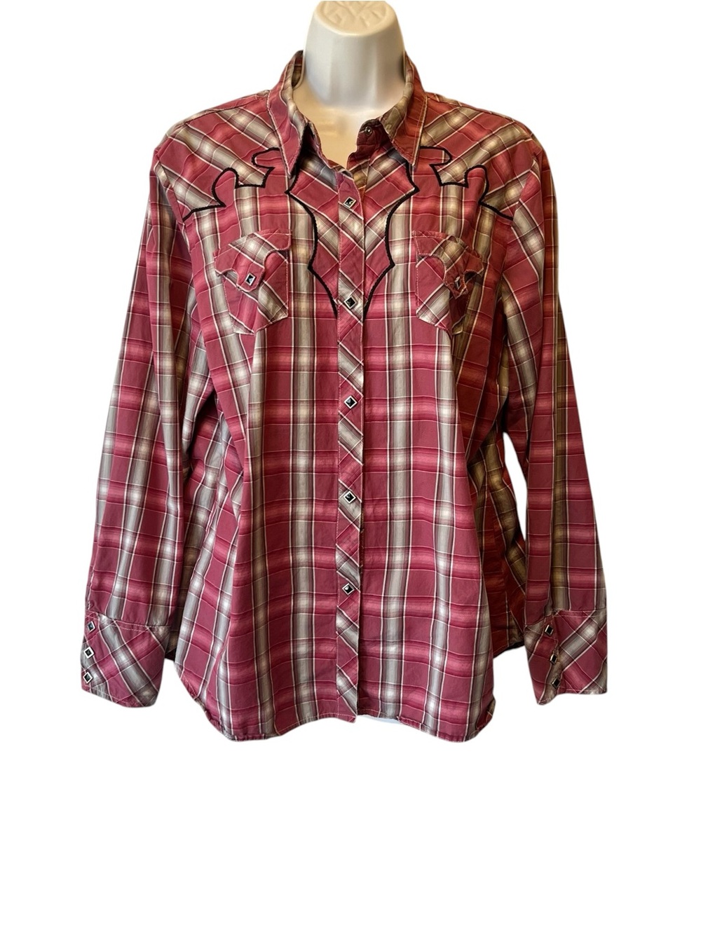Roper Western shirt XL Pink plaid Long sleeves Button snap Women top 100% Cotton
